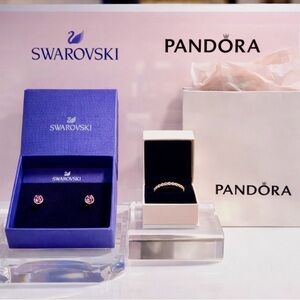 Swarovski Rose Crystal Stud Earrings & Pandora Ring of Hearts Bundle